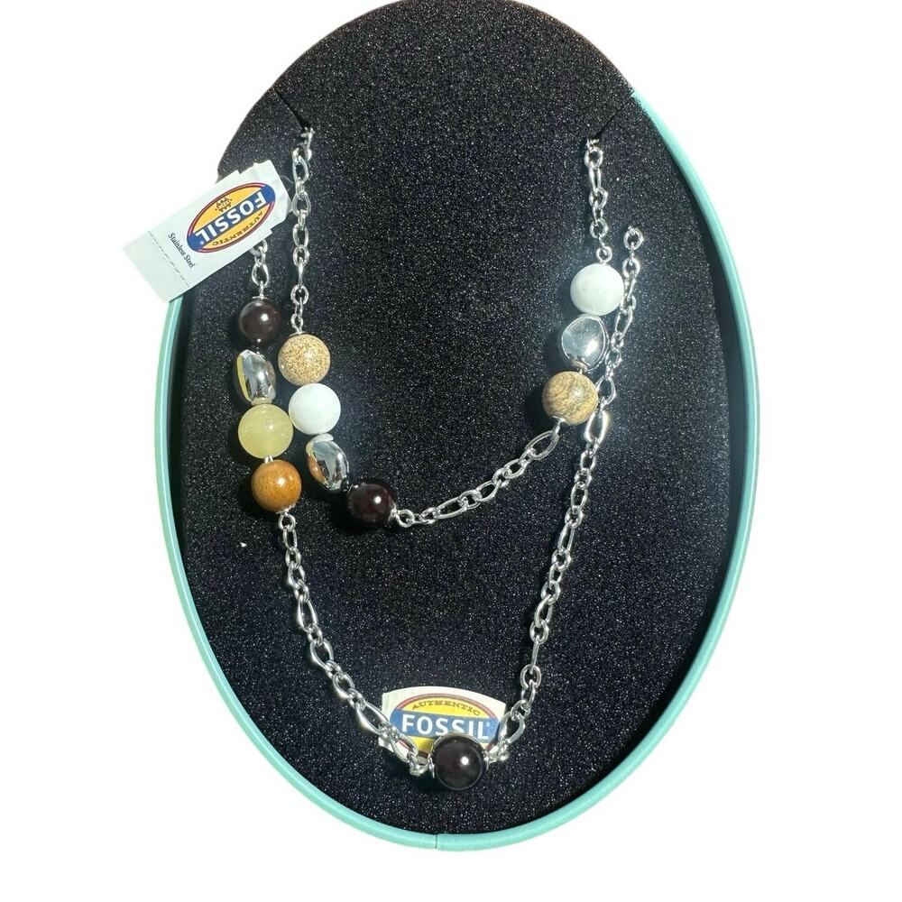 Fossil NWT Stainless Steel Black Silver Brown Beaded Art Deco Necklace